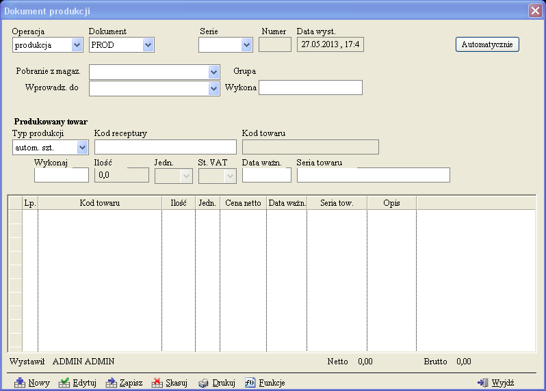 11.2 Lista dokumentów produkcji [ Produkcja ] 75 11.2.1 Tworzenie nowego dokumentu produkcji Wybierając z listy Dokument pozycję PROD, formularz zostanie rozszerzony o kilka nowych pól oraz tabelę towarów.