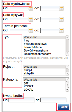 zapłata dokumenty, które zostały oznaczone jako zapłacone lub niezapłacone, dodano do przedział czasu (w miesiącach), do którego wyszukiwane dokumenty zostały dodane, data dodania dokumentu zakres