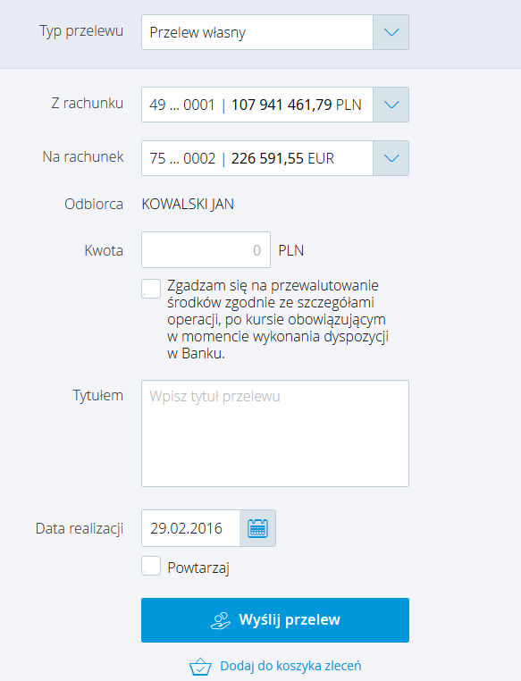 Przelew własny Aby wykonać przelew, wypełnij następujące pola formularza Przelew własny. Z rachunku z rozwijanej listy wybierz rachunek, z którego dokonany zostanie transfer środków.