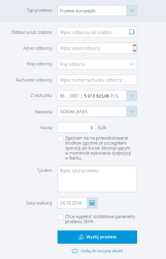 Przelew europejski Aby wykonać ten przelew, z listy Typ przelewu należy wybrać Przelew europejski, a następnie wypełnić pola: Odbiorca lub szablon w przypadku wyboru szablonu z listy, pola: Odbiorca,