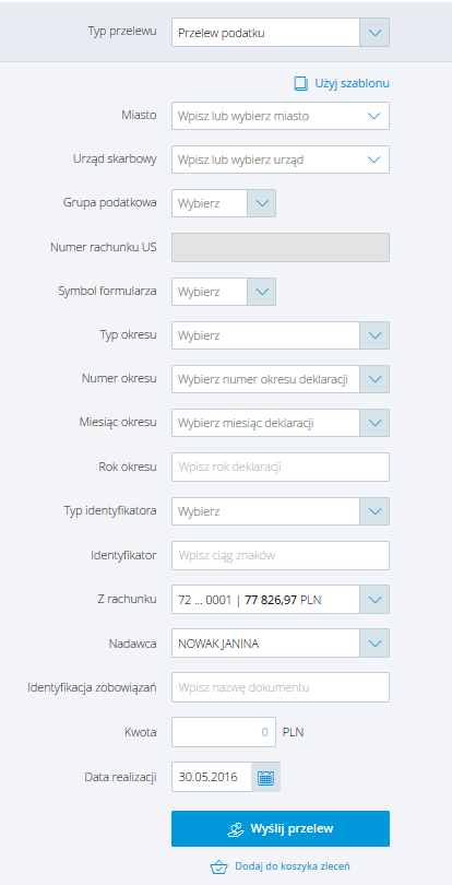 W przypadku wyboru konta do obciążenia w innej walucie niż PLN zlecenie podatkowe zostanie przewalutowane i wysłane w walucie PLN w kwocie wprowadzonej w formularzu.