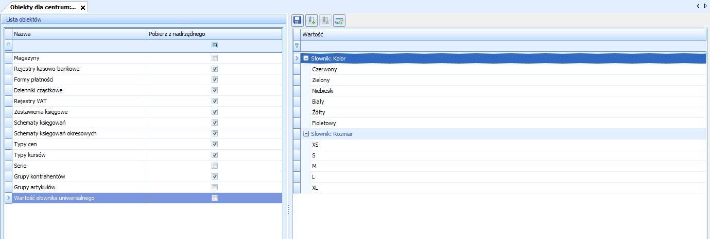 Rys. 17 Dostępność obiektów, Wartość słownika uniwersalnego Do Comarch e-sklep będą synchronizowane wyłącznie cechy dołączone do odpowiadającego mu w strukturze centrum.