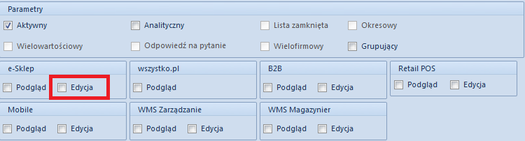 W parametrach znajduje się parametr Edycja dla atrybutów w aplikacji Comarch e-sklep. Umożliwia dodanie dedykowanego opisu do zamawianego artykułu.