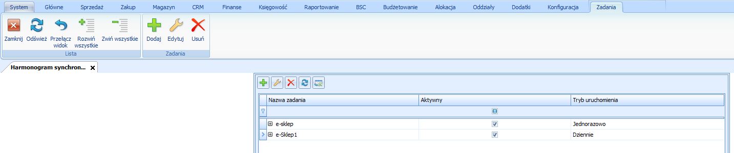 6.1.2 Harmonogramy Synchronizacja automatyczna oparta jest o zdefiniowane harmonogramy. Harmonogramy realizowane są w oparciu o parametry synchronizacji zdefiniowane na centrum typu e-sklep.