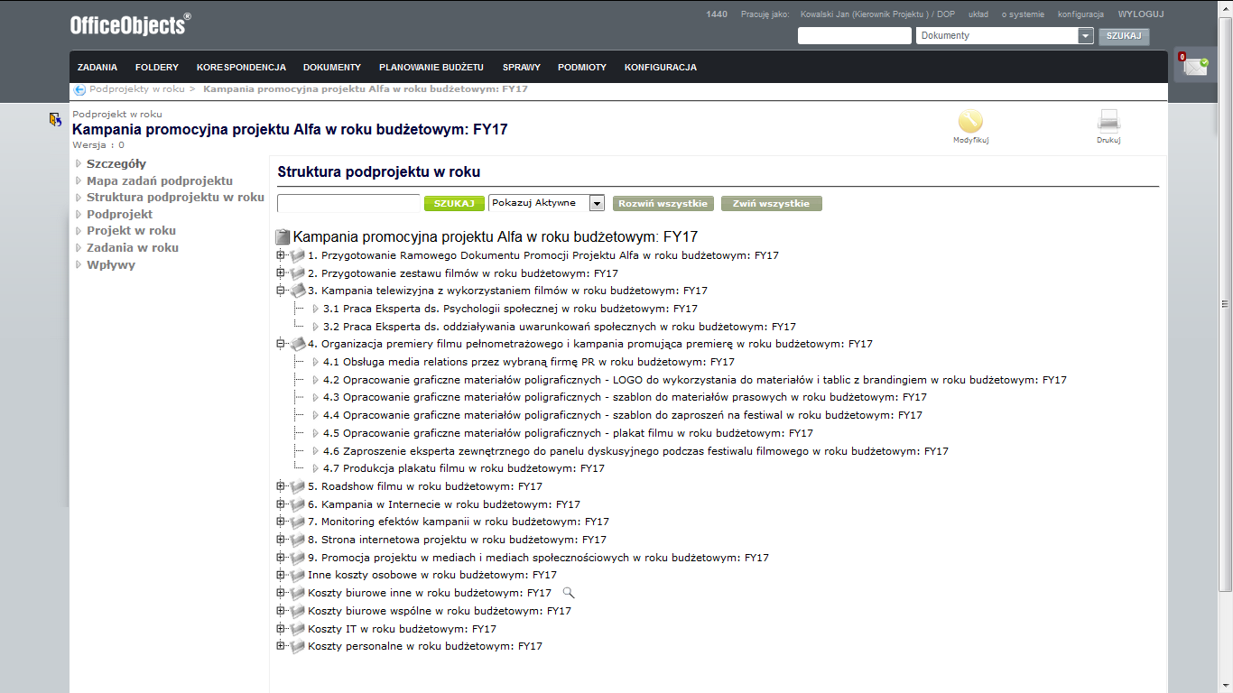 Graficzny interfejs nawigatora mapy wiedzy produktu OfficeObjects Ontology Manager pozwala na wyszukiwanie pojęć ontologii, zarówno po wartościach atrybutów, jak i pełnotekstowo, a następnie na