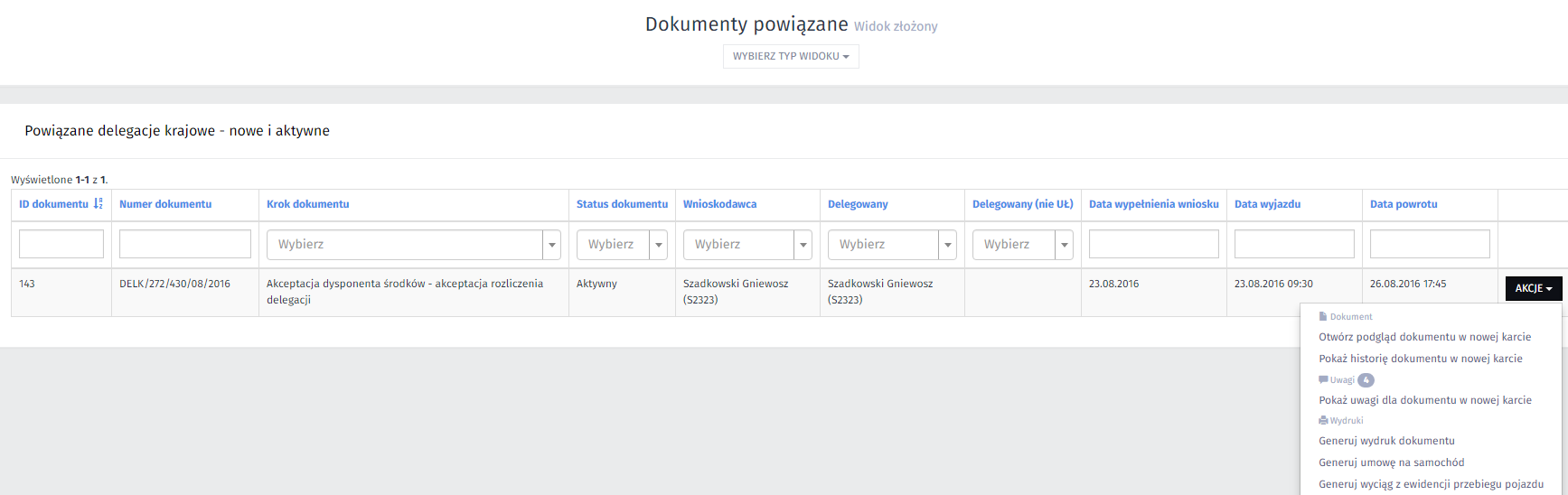 Dokumenty powiązane widok złożony zawiera listę wszystkich dokumentów pogrupowaną według typu dokumentu. Dlatego też na liście tej możliwe będzie wykonanie akcji specyficznych dla danego typu, np.