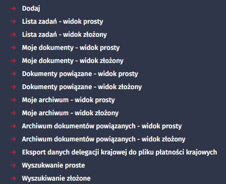 Dokumenty lista sekcji Każda z sekcji podzielona jest na widok prosty i złożony.