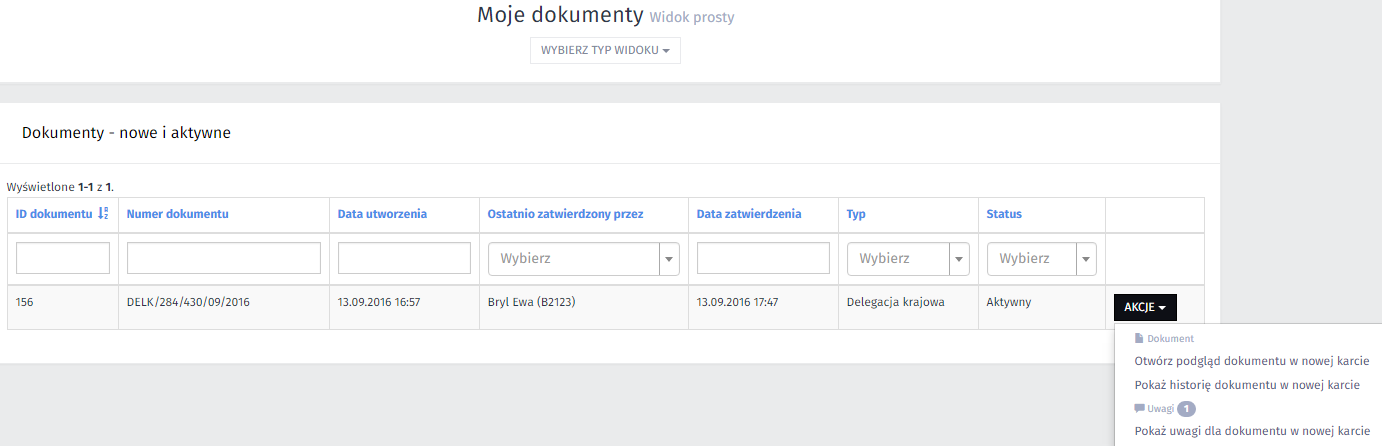 2.3. Moje dokumenty widok prosty, Moje dokumenty widok złożony Moje dokumenty - to zbiór dokumentów znajdujących się w obiegu (status dokumentu nowy lub aktywny), których autorem jest zalogowany