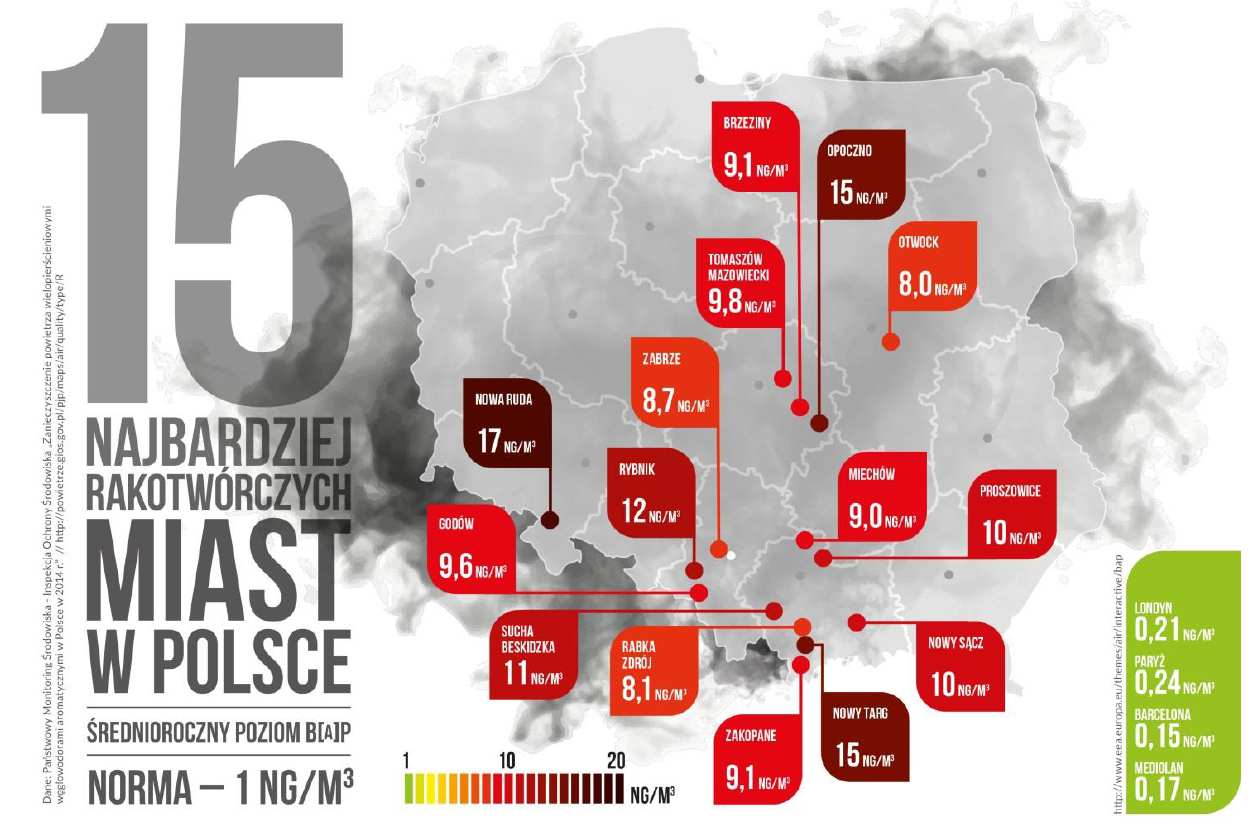 Średnie roczne stężenia Benzo[a]pirenu w wybranych miejscowościach w Polsce i Europie Zachodniej [ng/m 3 ] Średnie roczne stężenia