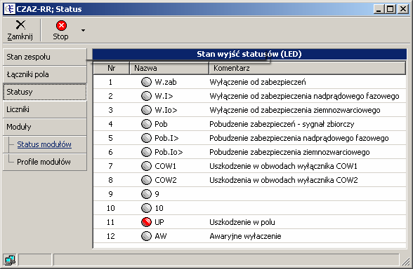 ❷ Łączniki pola (opcja dla CZAZ-RR) wizualizacja stanu łączników pola, odwzorowanie z płyty czołowej CZAZ-RR. Pozostała grupa zabezpieczeń nie posiada synoptyki pola.