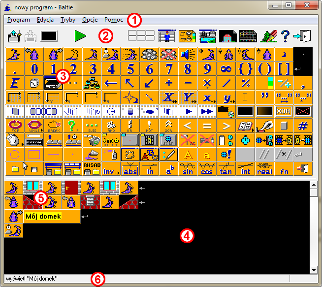 Interfejs trybu Programowanie 1. Menu programu 2. Pasek narzędzi 3. Panel poleceń (rozkazów) da się zwijać i rozwijać 4. Obszar roboczy to tutaj tworzy się programy 5. Kod programu 6.