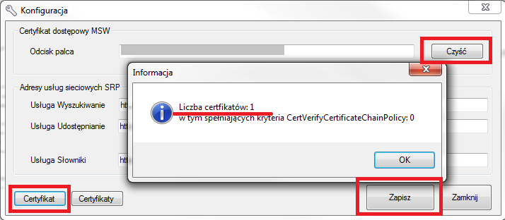W oknie konfiguracji w pierwszej kolejności wymagany jest wybór przycisku Czyść, następnie należy kliknąć przycisk Certyfikat.