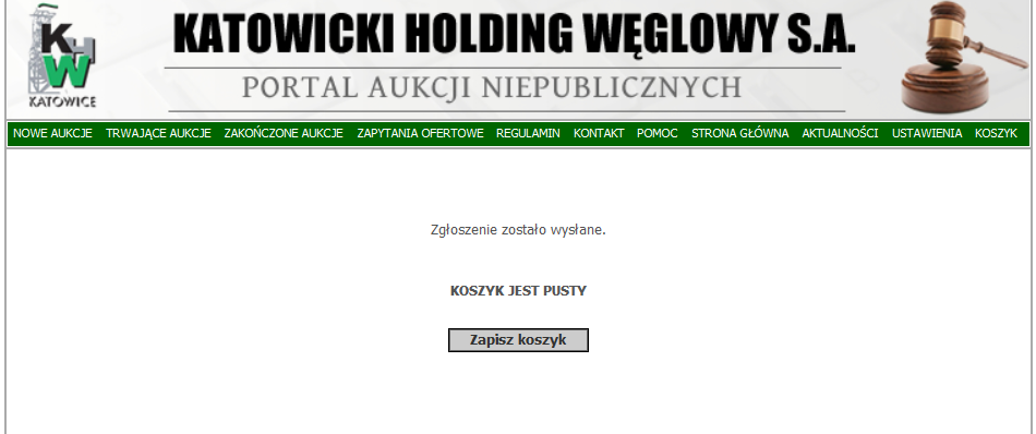 Pojawia sie okno umożliwiające wysłanie zgłoszenia do aukcji.