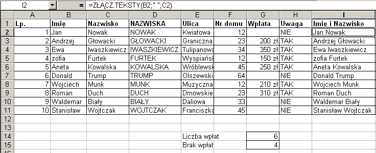 1. Na podstawie tabeli obliczyć, ile osób dokonało wpłat. (wykorzystać funkcję ILE. NIEPUSTYCH) 2. Obliczyć, ile osób nie wpłaciło nic na ECDL. 3.