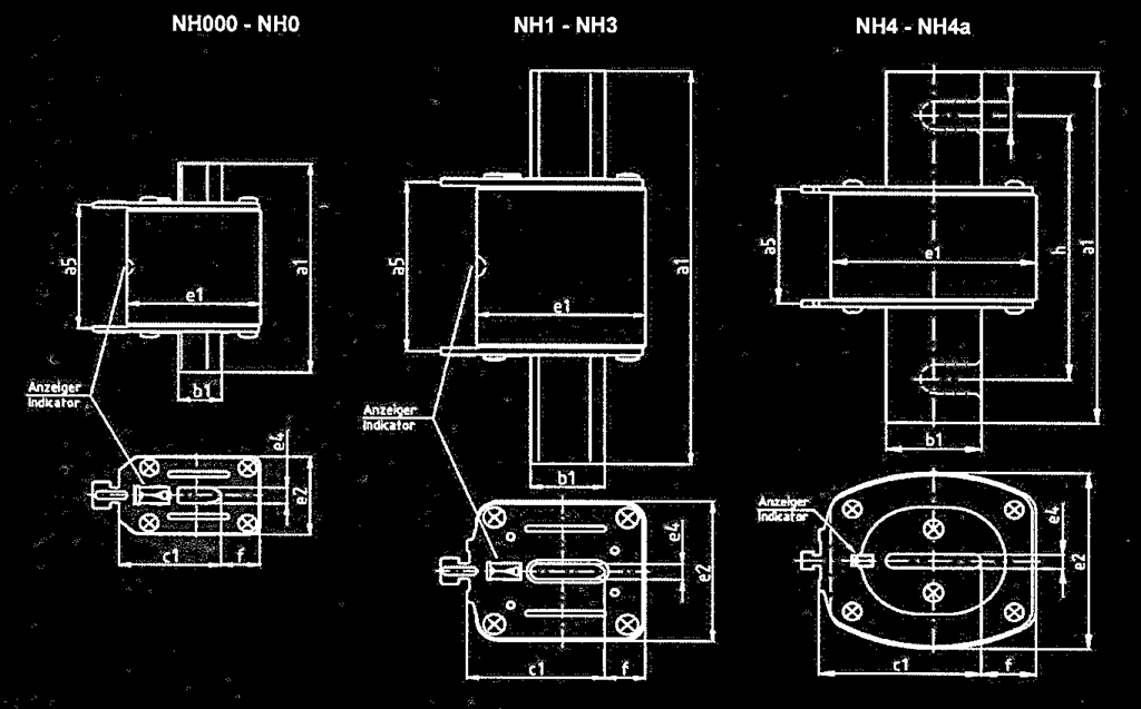 - 16 - Wymiary bezpieczników NH Wymiar IN / A a5 a1 b1 e4 e1 e2 f c1 h i NH 000 2-100 47 78 15 6 40,5 20,5 7 35 - - NH 00 125-160 47 78 15 6 46 29,5 13 35 - - NH 0 2-160 65 125 15 6 46 29,5 13 35 - -