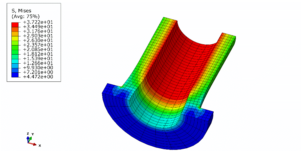 Wyniki obliczeń można również zaprezentować na pełnym modelu 3D, uwzględniając osiowosymetryczną geometrię tulei.