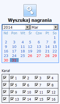 Z prawej strony okna dialogowego znajduje się kalendarz, który pozwala na określenie dokładnej daty, wg. której mają być wyszukiwane nagrania.