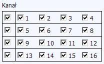 Pod kalendarzem są wyszczególnione poszczególne kanały, z których mają być odtwarzane nagrania. Kanały zostały ułożone w grupach po 4 w każdym wierszu.
