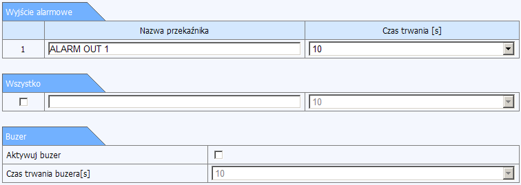 Wyjścia alarmowe Położenie: Konfiguracja Zdarzenia alarmowe Wyjścia alarmowe Ta sekcja menu pozwala skonfigurować parametry dostępnych przekaźników.