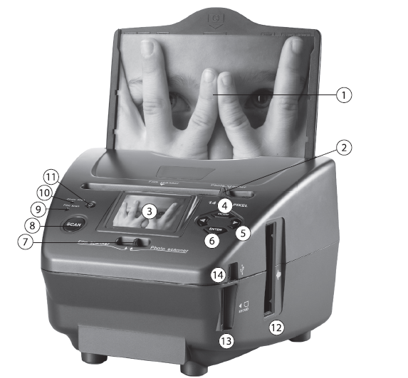 SZCZEGÓŁY PRODUKTU 1. Podgląd zdjęcia 8. Przycisk SCAN 2. Przełącznik skaner filmu / zdjęcia 9. Dioda LED filmu 3. Kolorowy wyświetlacz 10. Dioda LED zdjęcia 4.