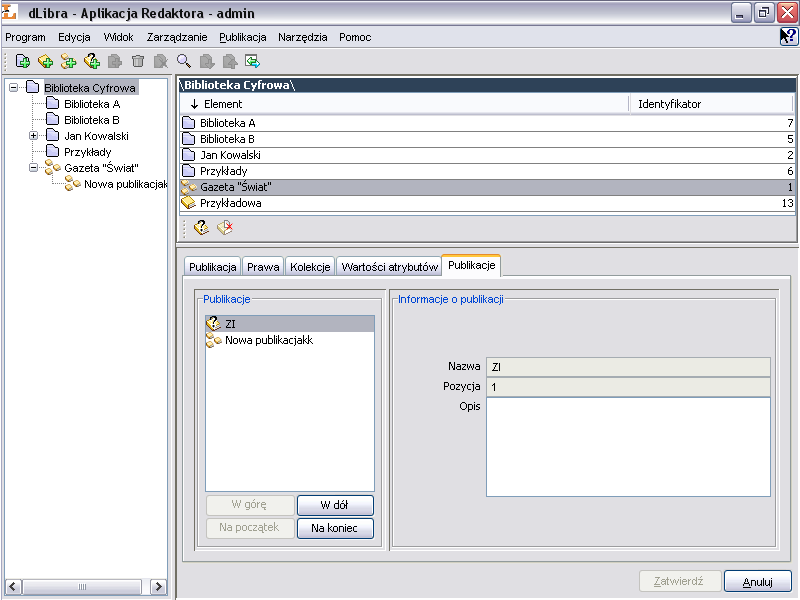 Aplikacja Redaktora 3.1.7. Edytor Pozycji Publikacji Publikacja grupowa może zawierać inne publikacje które są uporządkowane przez redaktora.