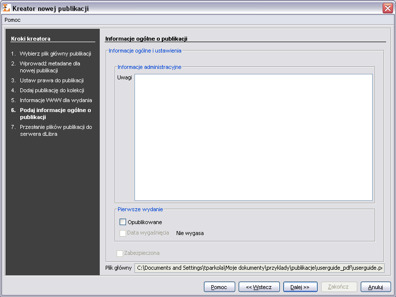 Aplikacja Redaktora Rysunek 3.20. Kreator Nowej Publikacji - informacje ogólne o publikacji 9. Przesyłanie plików na serwer jest ostatnim krokiem kreatora publikacji (Rysunek 3.21.).