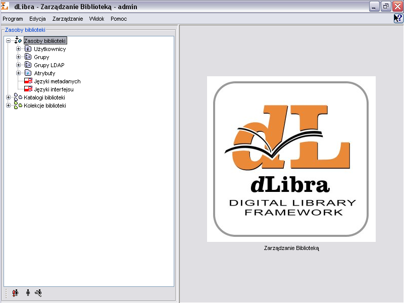 Rozdział 4. Zarządzanie biblioteką Niniejszy rozdział opisuje Aplikację Administratora dlibra w odniesieniu do najczęściej wykonywanych zadań dotyczących zarządzania biblioteką cyfrową. 4.1.