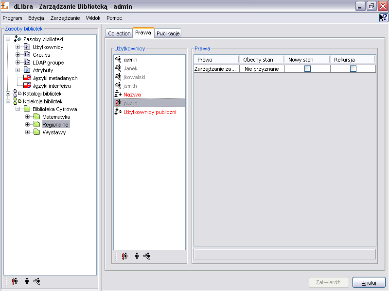 Zarządzanie biblioteką Zarządzanie zawartością kolekcji - umożliwia użytkownikowi dodawanie i usuwanie publikacji z danej kolekcji. Rysunek 4.25.