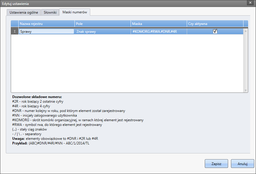 Użytkownik ma do wyboru sześć składowych numeru, za pomocą których może stworzyć właściwą maskę, są to: #2R - dwie ostatnie cyfry roku bieżącego; #4R - cztery cyfry roku bieżącego; #DNR - numer