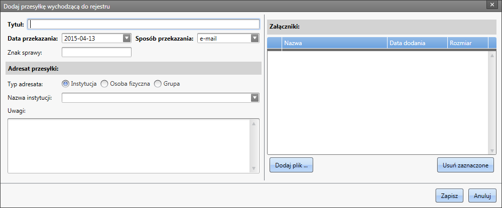 Drukuj - wydruk raportu. Rejestrowanie przesyłek wychodzących Przesyłka wychodząca to przesyłka, która przez użytkownika prowadzącego daną sprawę zostanie wysłana na zewnątrz jego podmiotu.