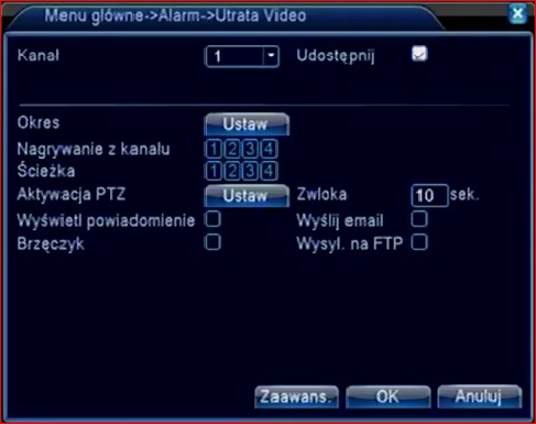 okres aktywności detekcji ruchu [Okres -> Ustaw] oraz czas trawania alarmu [Zwłoka]. Dodatkowo można ustawić które kamery mają rozpocząć nagrywanie przy detekcji ruchu oraz sekwencje tych kamer.