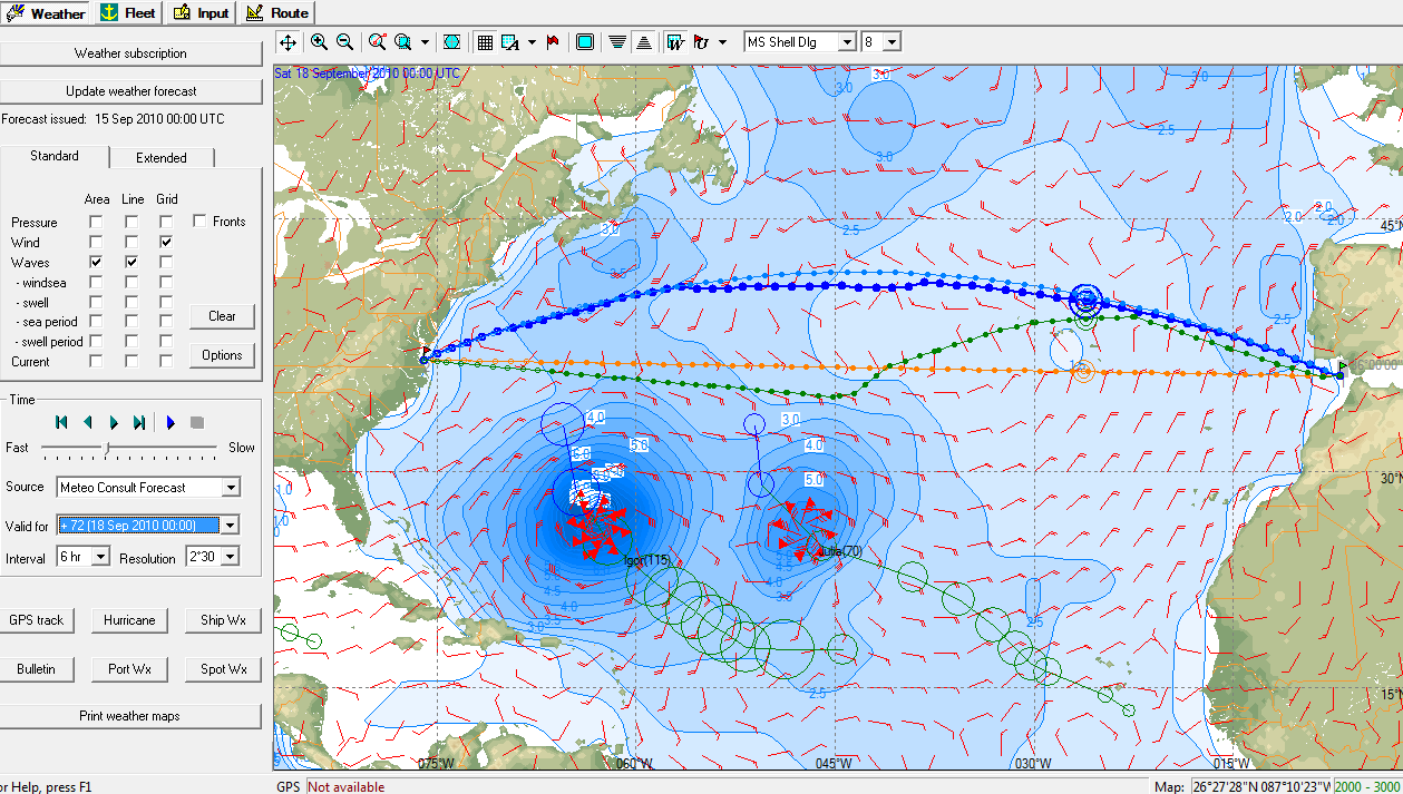 Ships ocean route programming with adaptation to Cyclone program Cyclone program could shown dangerous sectors if the ship remains the Great Circle course.