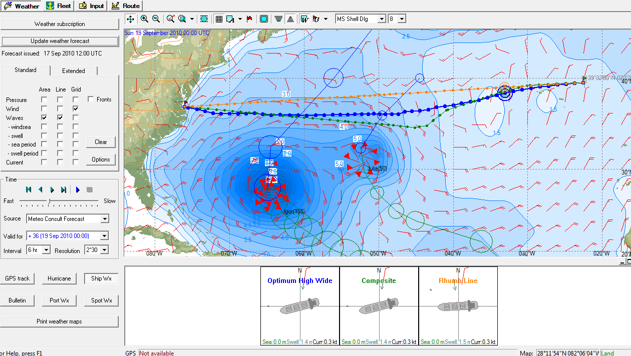 Ships ocean route programming with adaptation to Cyclone program At that time the ship altered its course made good (KDd) from 288 to 266 following navigation recommendations and using anti collision