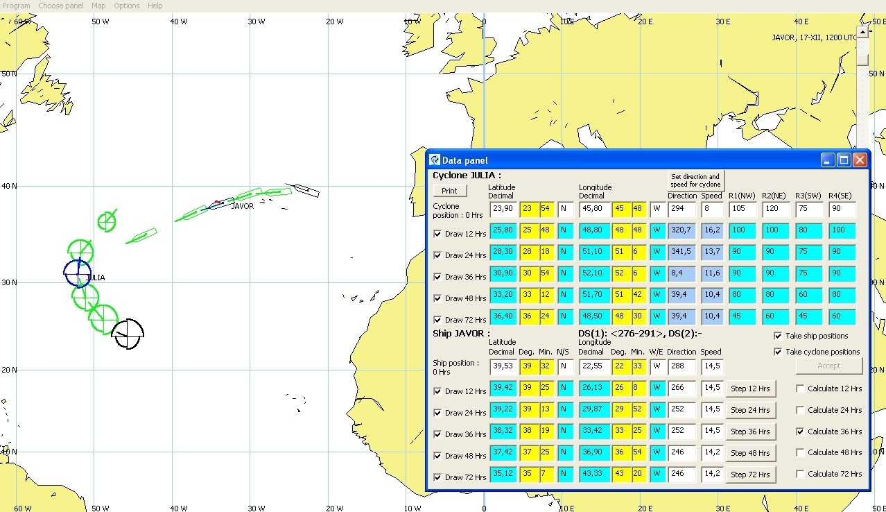 Ships ocean route programming with adaptation to Cyclone program Fig. 9. Wave heights on particular routes (test on 17/09/2010 / 1200 UTC) Rys. 9. Wysokości falowania na poszczególnych trasach (testowanie 17.