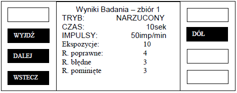 Przykładowy ekran pierwszej planszy zbioru wyników dla trybu wymuszonego: Dla trybu narzuconego: TRYB: NARZUCONY CZAS: 10sek -ile trwało badanie IMPULSY: 50 imp/min -częstotliwość występowania