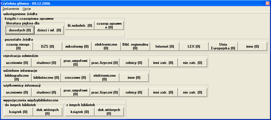 1. Opis funkcji programu Moduł obsługi czytelni umożliwia zliczanie przez system komputerowy zdarzeń, które mogą zachodzić w czytelni, a których zestawianie wymagane jest przez przepisy biblioteczne.