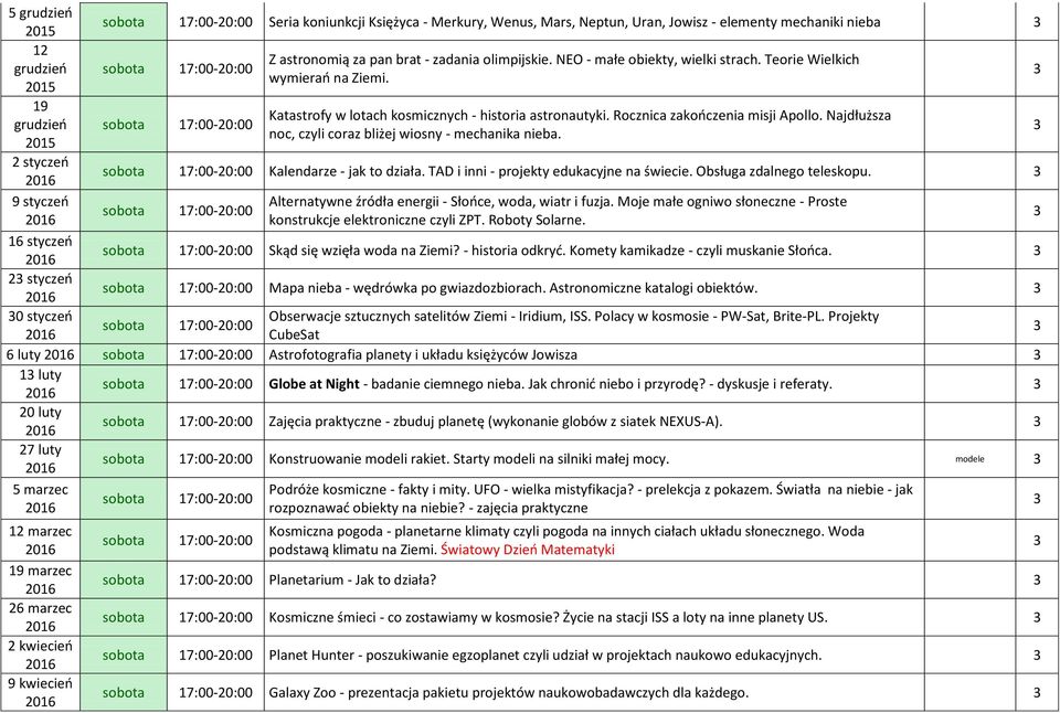 Najdłuższa grudzieo noc, czyli coraz bliżej wiosny - mechanika nieba. 2 styczeo Kalendarze - jak to działa. TAD i inni - projekty edukacyjne na świecie. Obsługa zdalnego teleskopu.