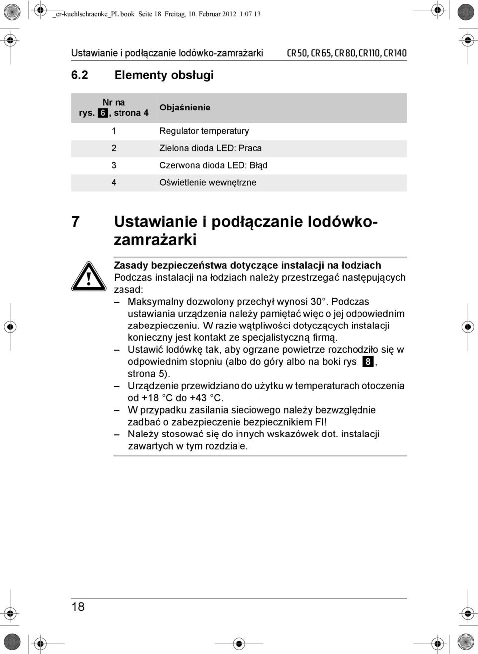 dotyczące instalacji na łodziach Podczas instalacji na łodziach należy przestrzegać następujących zasad: Maksymalny dozwolony przechył wynosi 30.