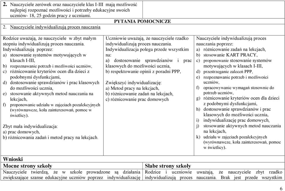 Indywidualizują poprzez: a) stosowanie systemów motywujących w klasach I-III, b) rozpoznawanie potrzeb i możliwości uczniów, c) różnicowanie kryteriów ocen dla dzieci z podobnymi dysfunkcjami, d)