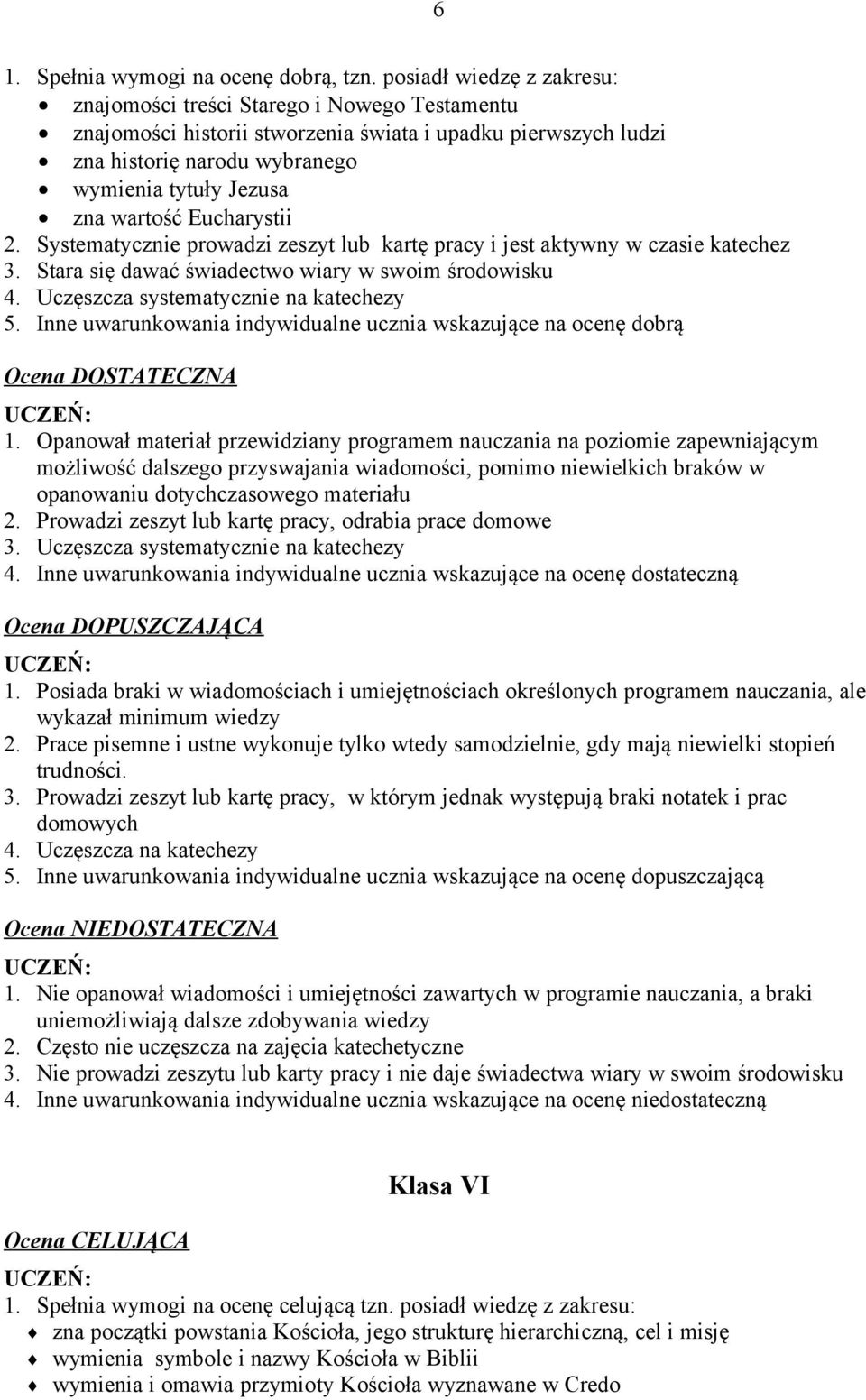 wartość Eucharystii 2. Systematycznie prowadzi zeszyt lub kartę pracy i jest aktywny w czasie katechez 3. Stara się dawać świadectwo wiary w swoim środowisku 4.