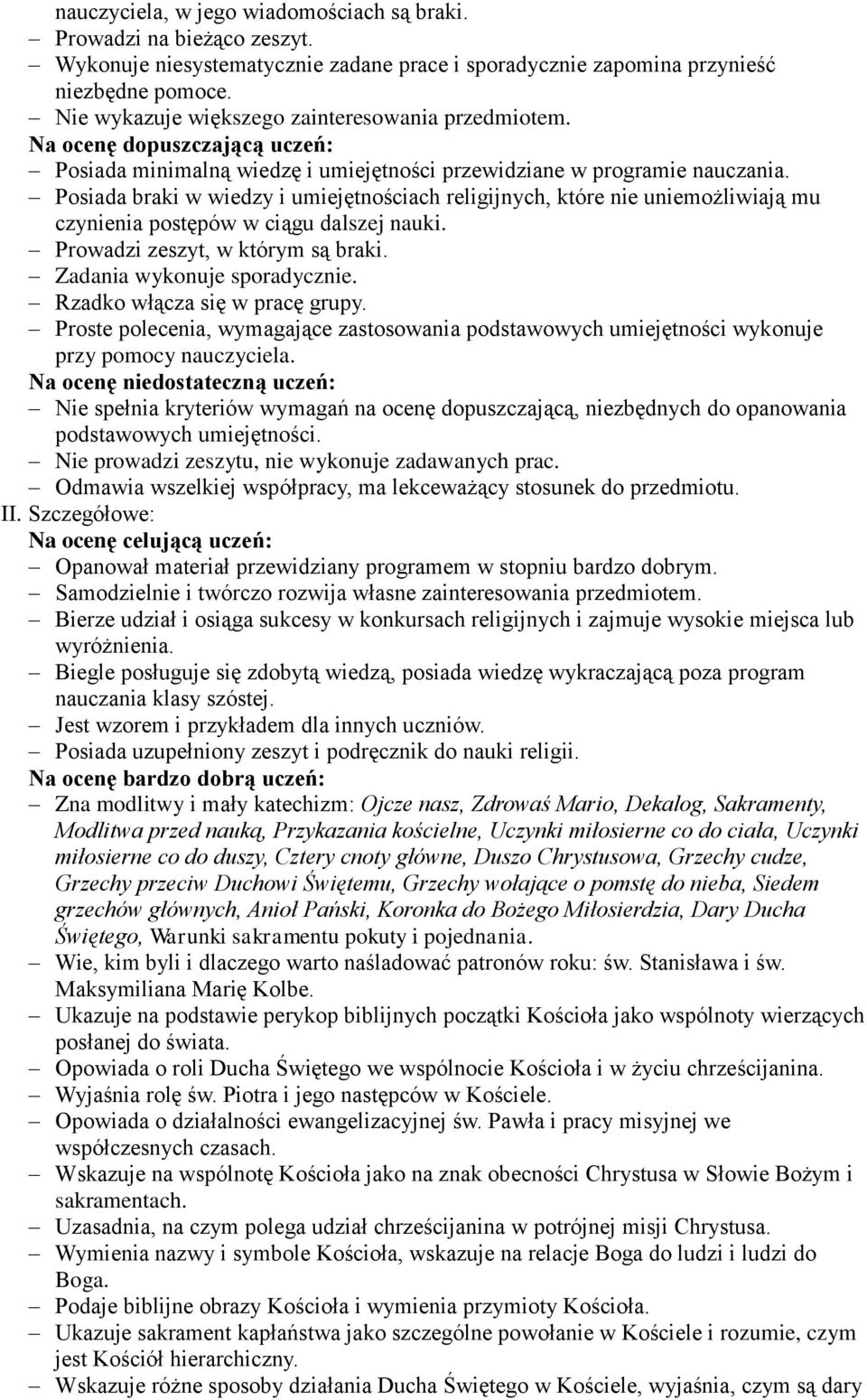 Posiada braki w wiedzy i umiejętnościach religijnych, które nie uniemożliwiają mu czynienia postępów w ciągu dalszej nauki. Prowadzi zeszyt, w którym są braki. Zadania wykonuje sporadycznie.