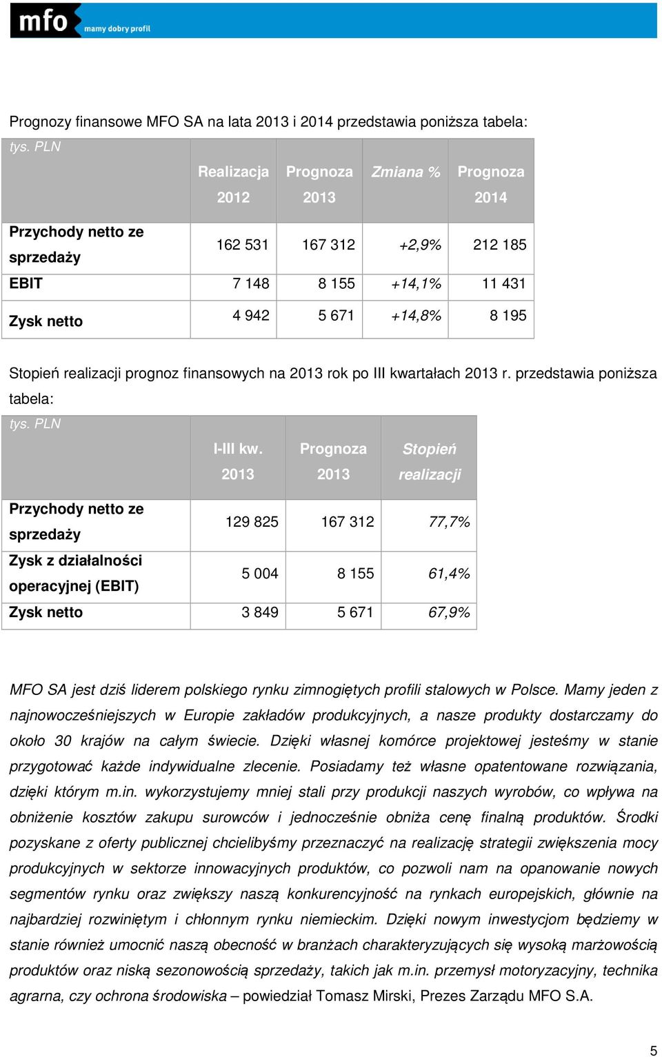 realizacji prognoz finansowych na 2013 rok po III kwartałach 2013 r. przedstawia poniższa tabela: tys. PLN I-III kw.