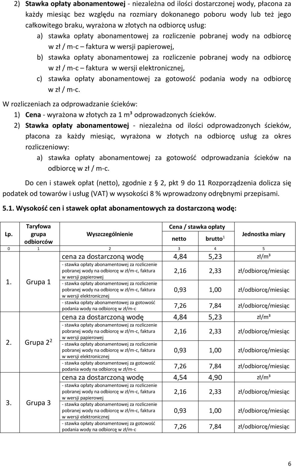 w zł / m-c faktura w wersji elektronicznej, c) stawka opłaty abonamentowej za gotowość podania wody na odbiorcę w zł / m-c.