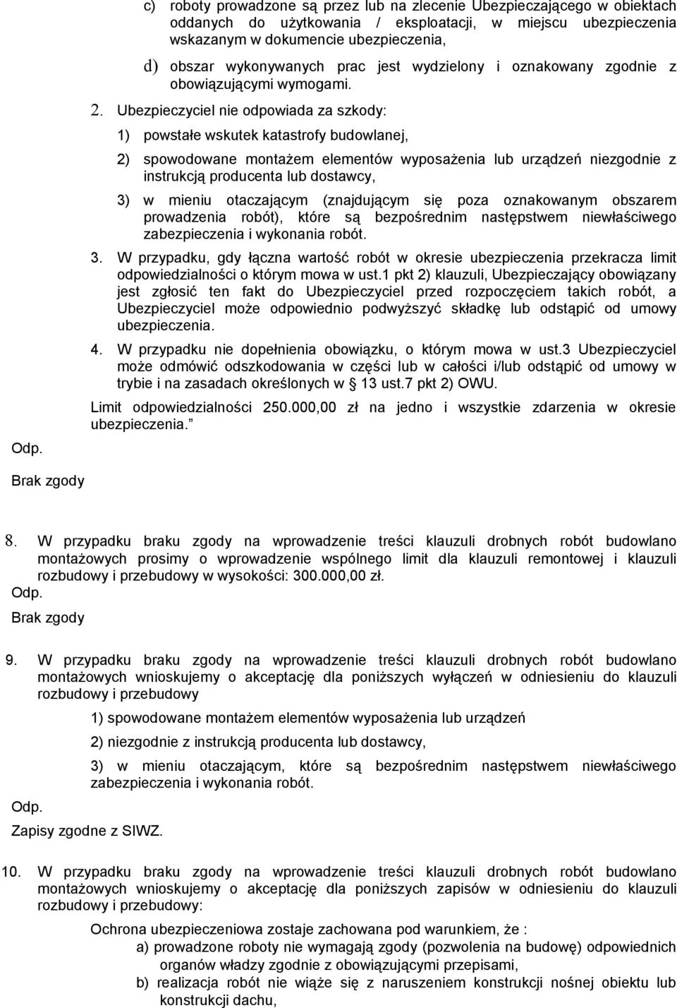 Ubezpieczyciel nie odpowiada za szkody: 1) powstałe wskutek katastrofy budowlanej, 2) spowodowane montażem elementów wyposażenia lub urządzeń niezgodnie z instrukcją producenta lub dostawcy, 3) w