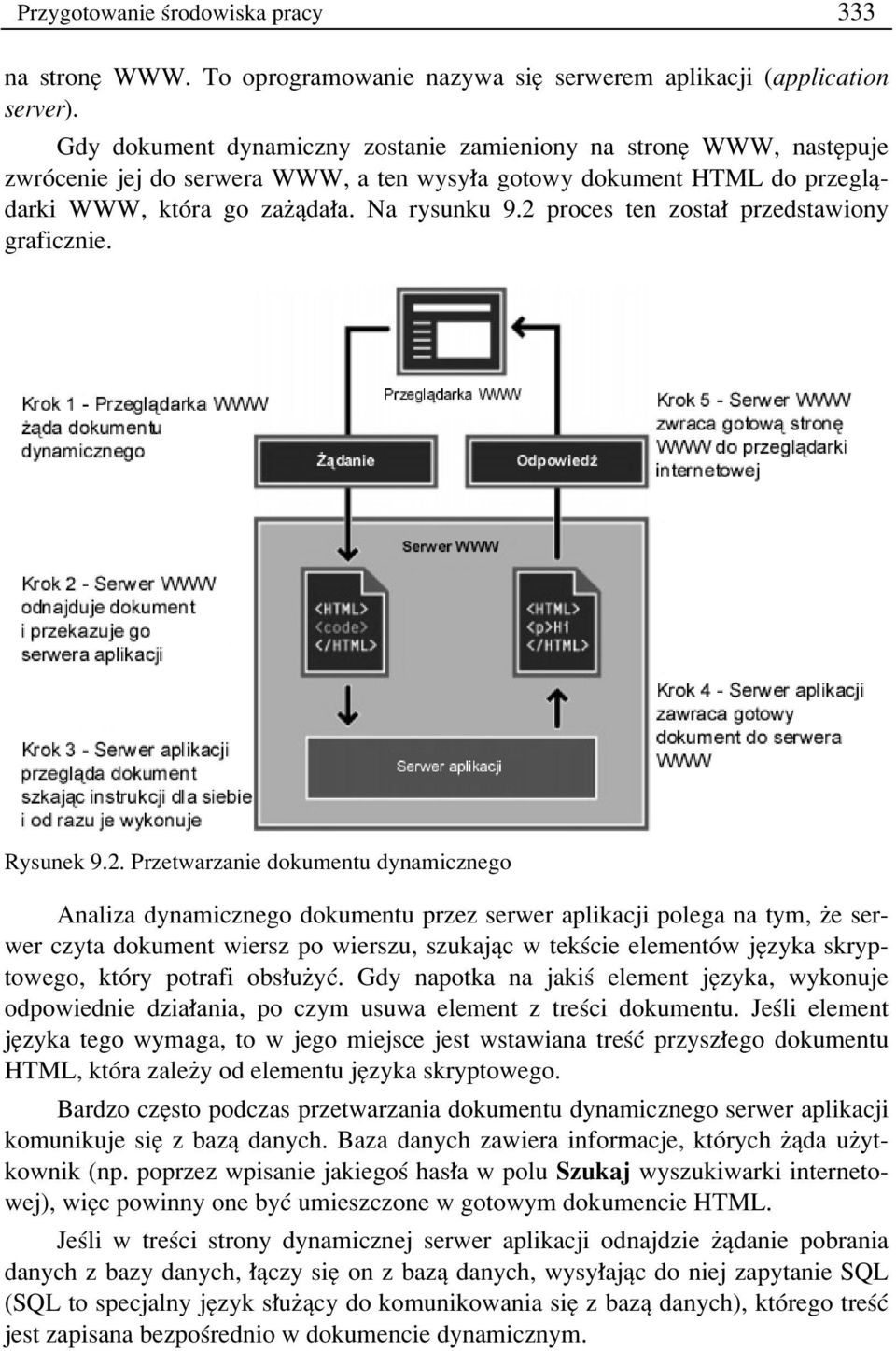 2 proces ten zosta przedstawiony graficznie. Rysunek 9.2. Przetwarzanie dokumentu dynamicznego Analiza dynamicznego dokumentu przez serwer aplikacji polega na tym, øe serwer czyta dokument wiersz po