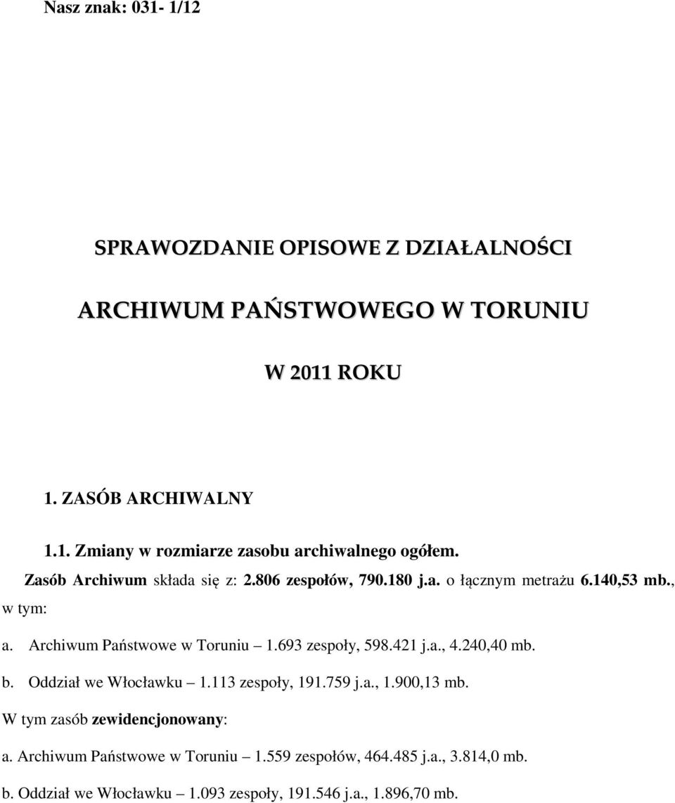 693 zespoły, 598.421 j.a., 4.240,40 mb. b. Oddział we Włocławku 1.113 zespoły, 191.759 j.a., 1.900,13 mb. W tym zasób zewidencjonowany: a.