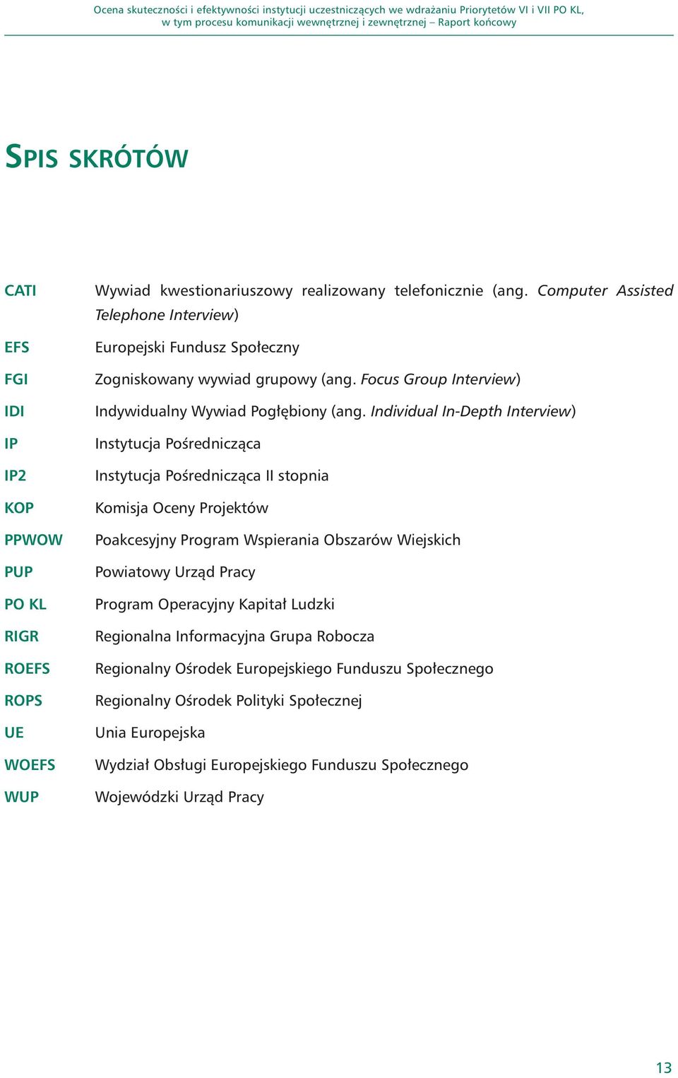 Individual In-Depth Interview) Instytucja Pośrednicząca Instytucja Pośrednicząca II stopnia Komisja Oceny Projektów Poakcesyjny Program Wspierania Obszarów Wiejskich Powiatowy Urząd Pracy