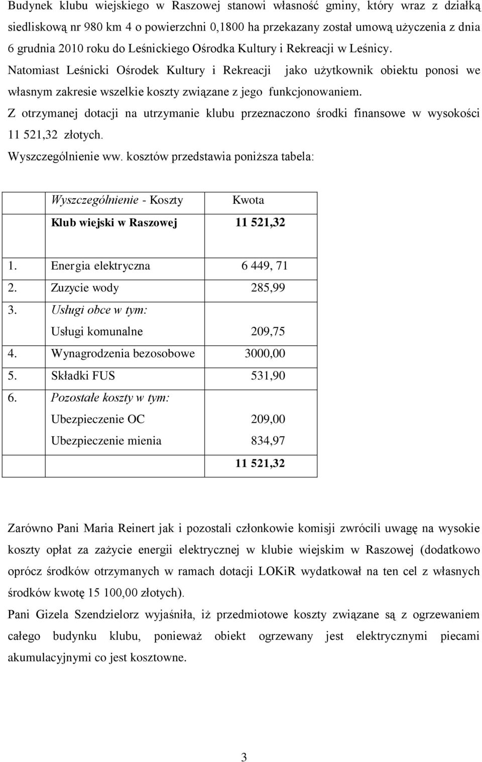 Z otrzymanej dotacji na utrzymanie klubu przeznaczono środki finansowe w wysokości 11 521,32 złotych. Wyszczególnienie ww.