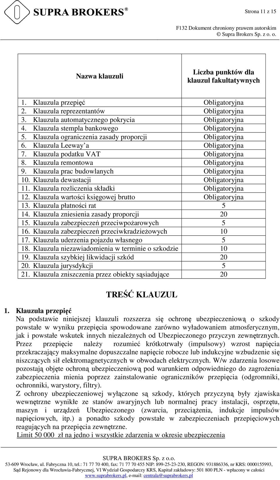 Klauzula remontowa Obligatoryjna 9. Klauzula prac budowlanych Obligatoryjna 10. Klauzula dewastacji Obligatoryjna 11. Klauzula rozliczenia składki Obligatoryjna 12.