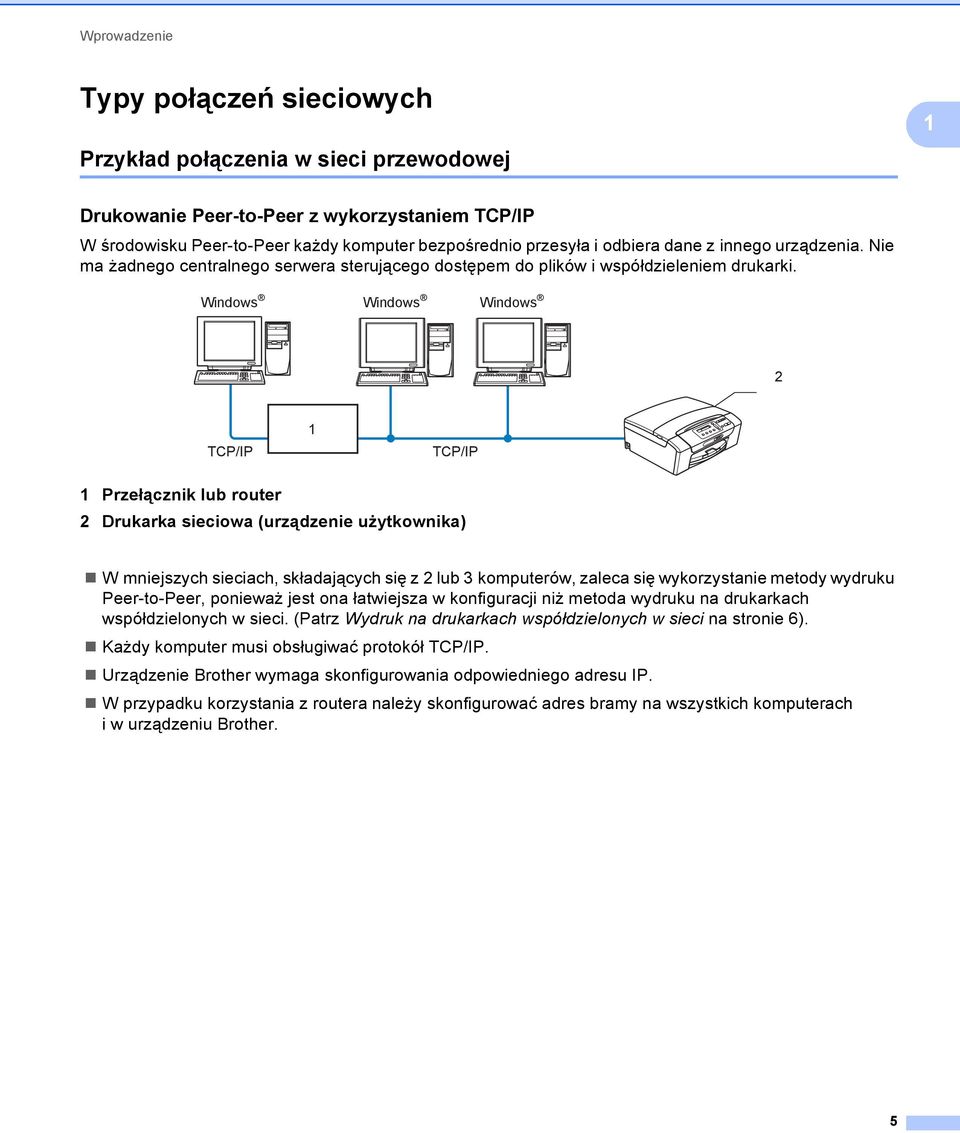 Windows Windows Windows 2 TCP/IP 1 TCP/IP 1 Przełącznik lub router 2 Drukarka sieciowa (urządzenie użytkownika) W mniejszych sieciach, składających się z 2 lub 3 komputerów, zaleca się wykorzystanie